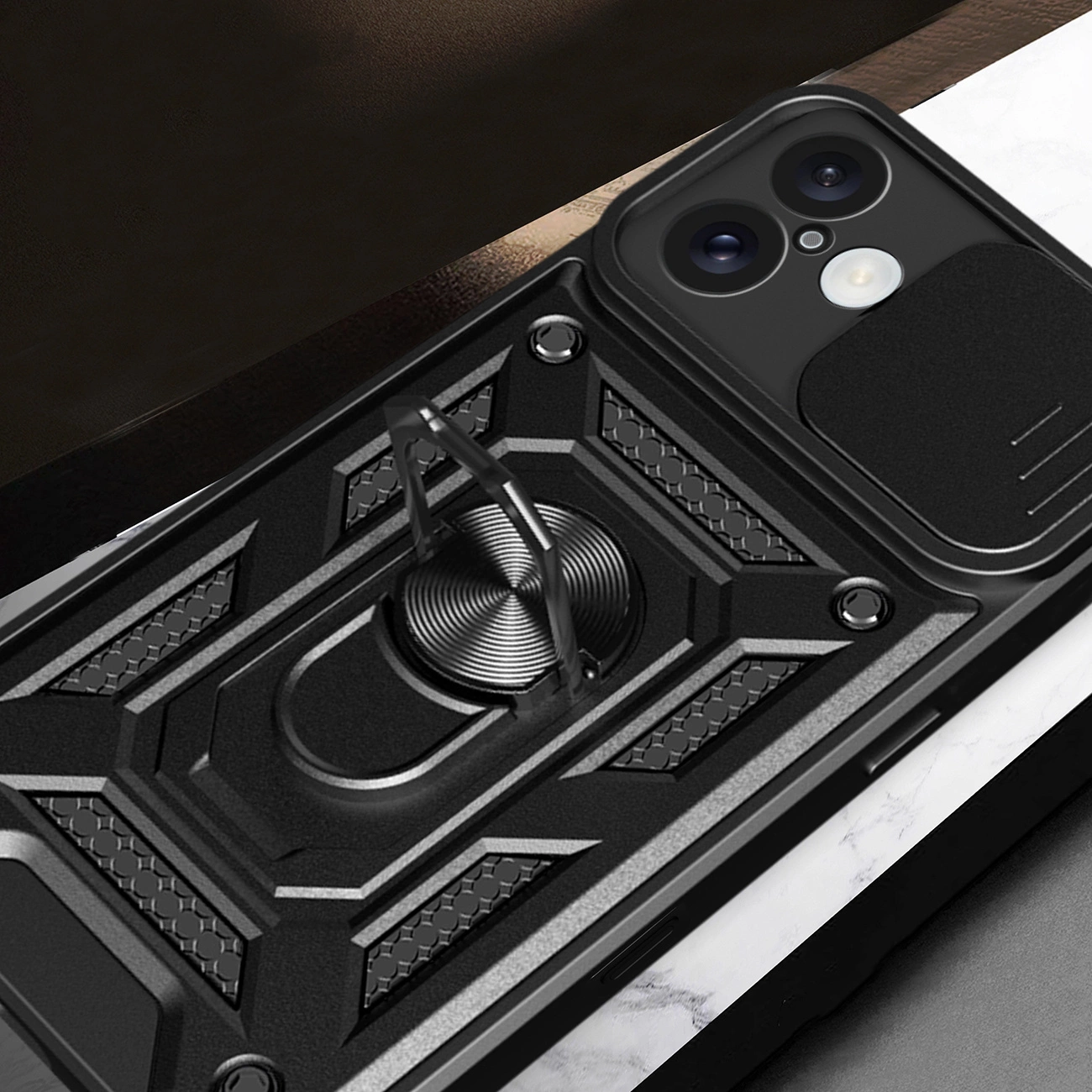 Hybrid Armor Camshield iPhone 16 šarvuotas dėklas su kameros dangteliu ir stovu – juodas - Image 7