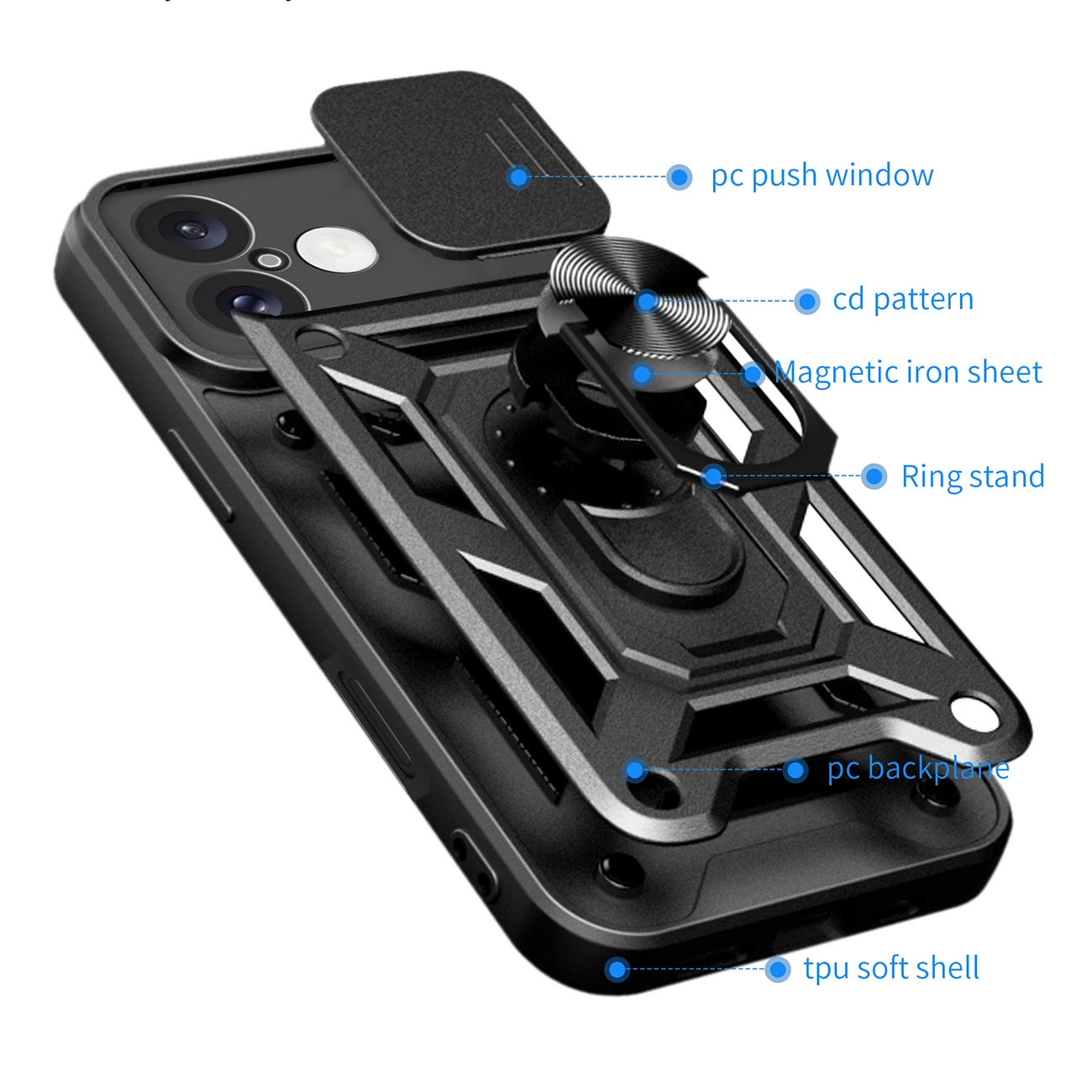 Hybrid Armor Camshield iPhone 16 šarvuotas dėklas su kameros dangteliu ir stovu – juodas - Image 8