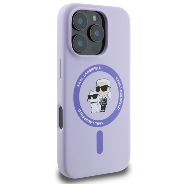 Karl Lagerfeld silikoninis Karl & Choupette galvų žiedas MagSafe iPhone 16 Pro dėklas – violetinis - Image 4