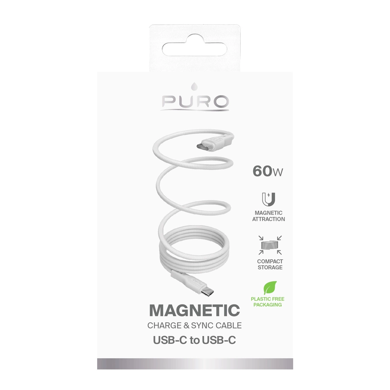 Puro Magnetic USB-C – USB-C 60W USB 3.2 (20 Gbps) 1 m magnetinis laidas – baltas - Image 2