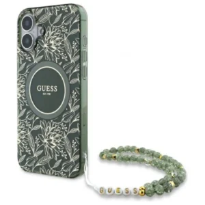 Guess IML Flowers Allover Electro With Pearl Strap MagSafe case for iPhone 16 - green