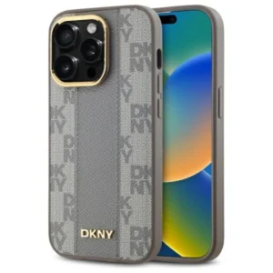 DKNY Leather Checkered Mono Pattern MagSafe iPhone 14 Pro Case - Beige