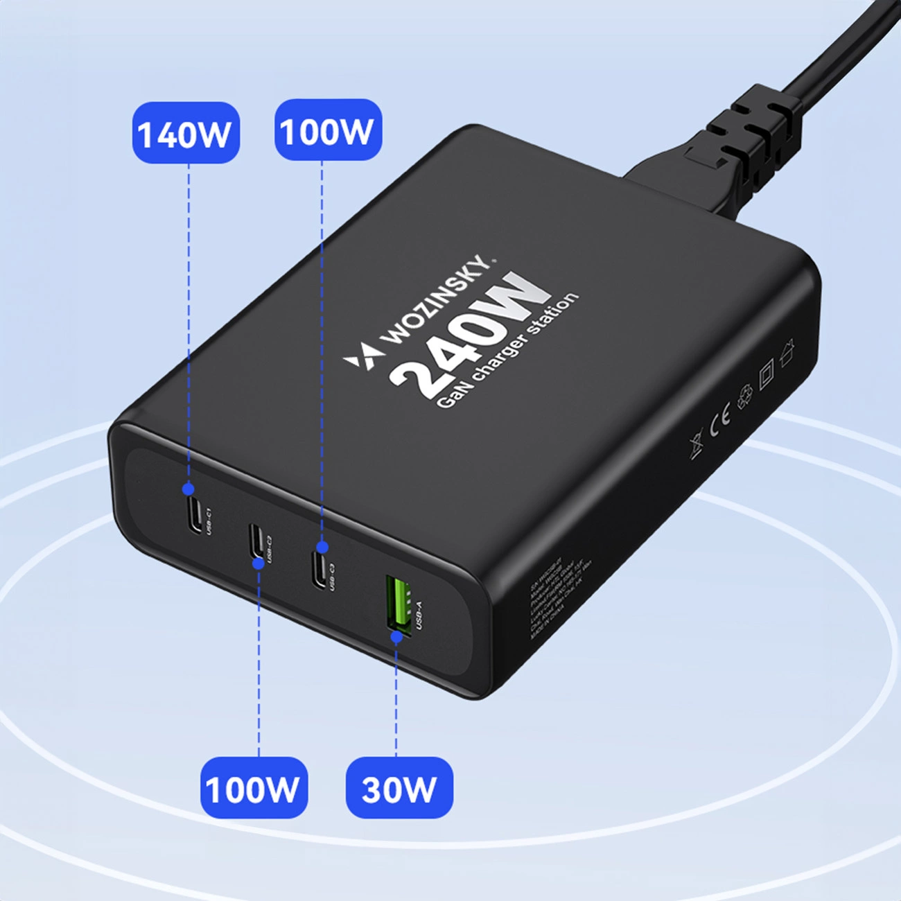 Wozinsky WGCSB 240W GaN sieninis įkroviklis USB-A / 3 x USB-C - juodas - Image 14