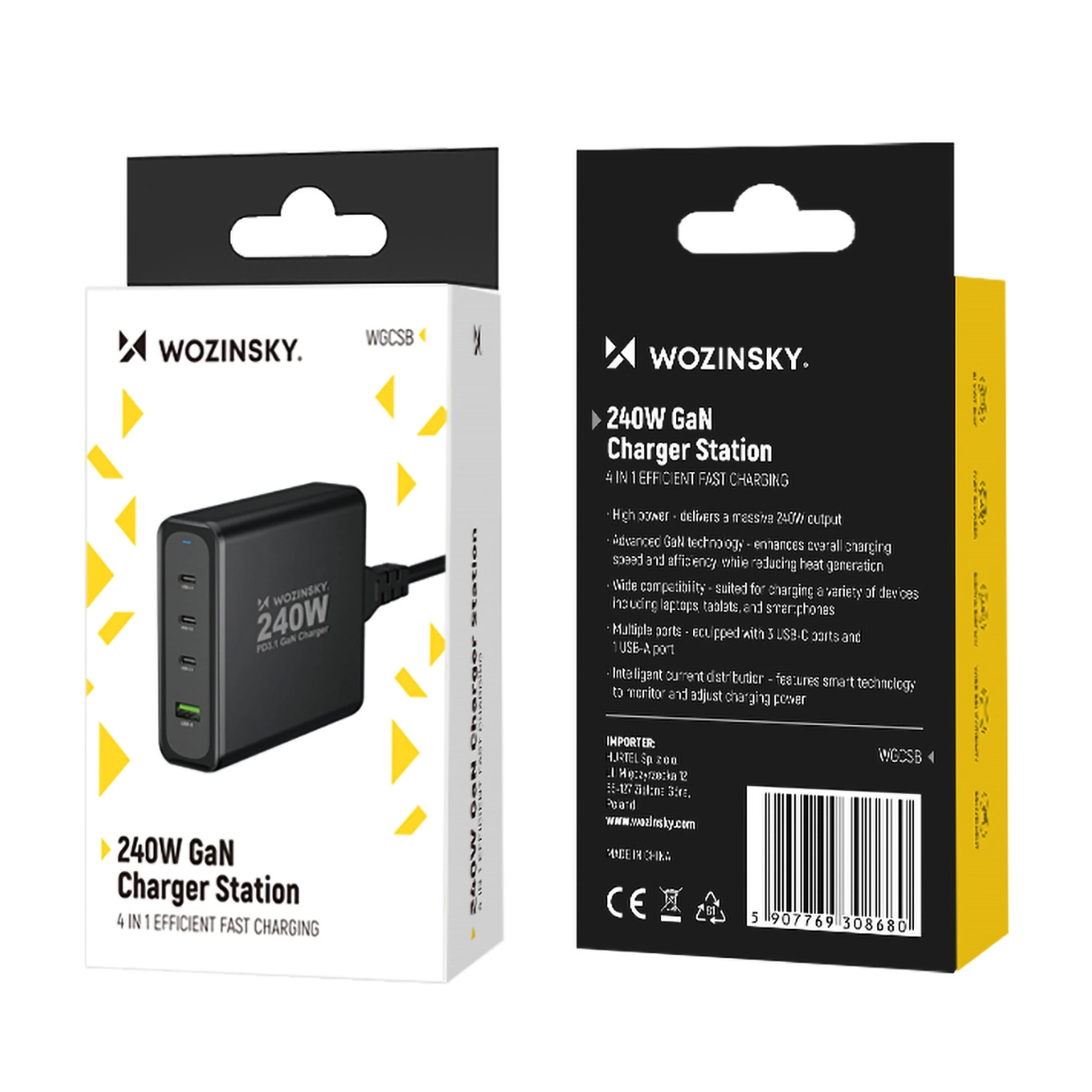 Wozinsky WGCSB 240W GaN sieninis įkroviklis USB-A / 3 x USB-C - juodas - Image 5