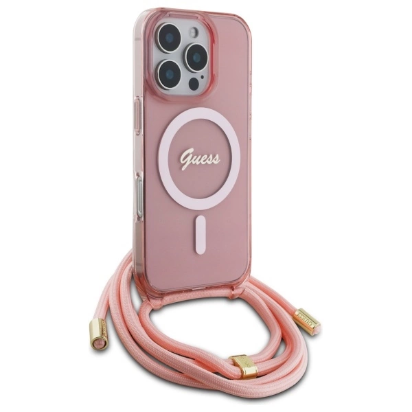 Guess Crossbody Cord Script MagSafe dėklas iPhone 16 Pro - rožinis - Image 3