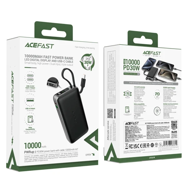 Acefast M7-10000 PD30W Powerbank su įmontuotu kabeliu – juodas - Image 5