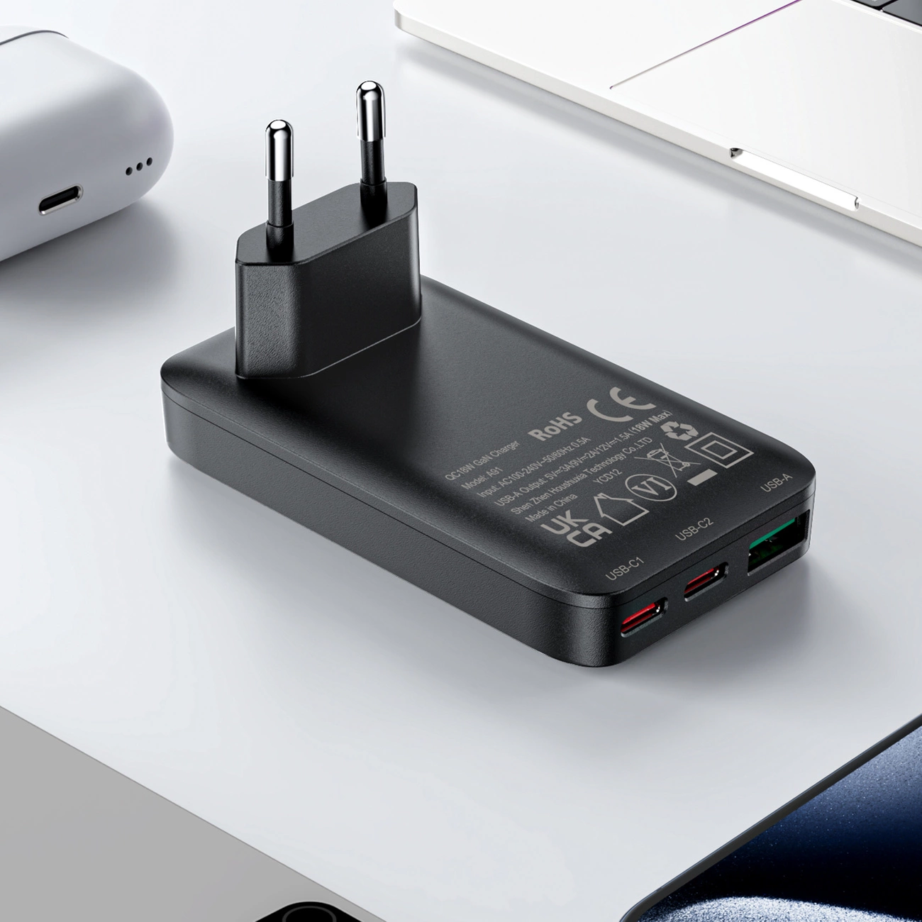 Acefast A100 65W GaN 2 USB-C+ USB-A įkroviklis ultra plonas – juodas - Image 10