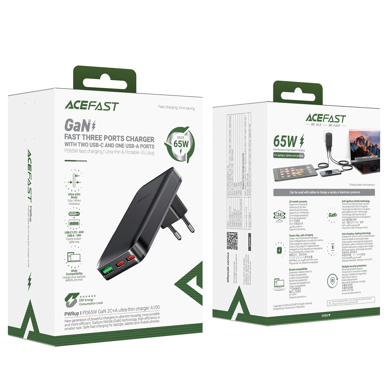 Acefast A100 65W GaN 2 USB-C+ USB-A įkroviklis ultra plonas – juodas - Image 8