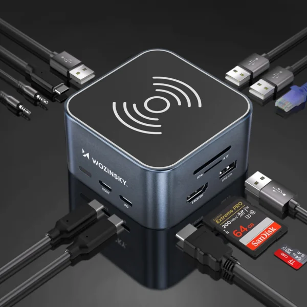 Hub USB-C 12 in 1 Wozinsky WHBC09Y8S daugiafunkcis, su belaidžio įkrovimo funkcija, aliuminis, su 15 cm kabeliu – pilkas - Image 6