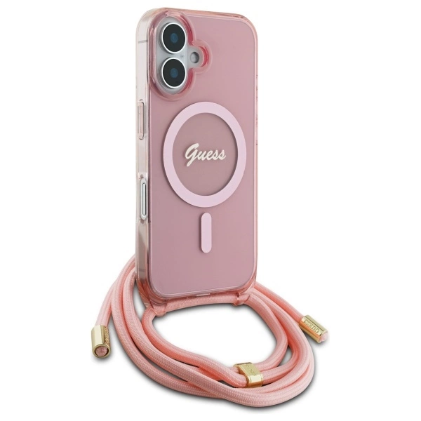 Guess Crossbody Cord Script MagSafe dėklas iPhone 16 – rožinis - Image 3