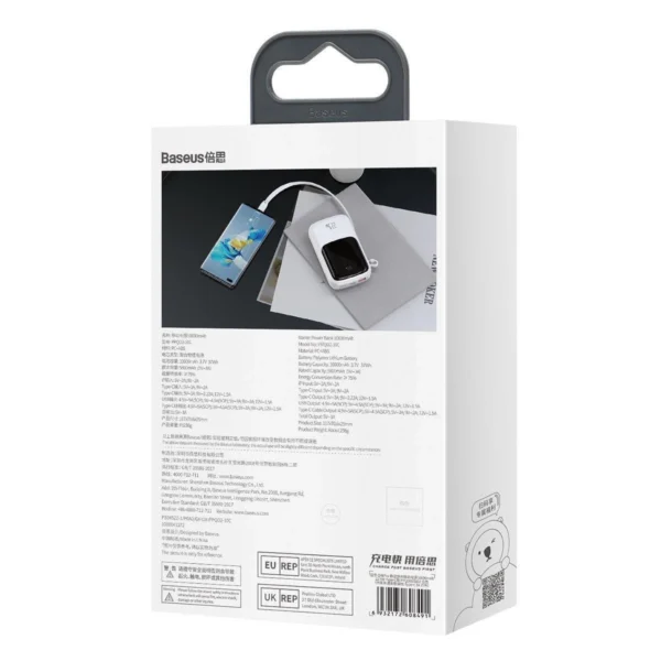 Baseus Qpow skaitmeninis išorinės baterijos ekranas su greitu įkrovimu 10000mAh 22.5W QC/PD/SCP/FCP su integruotu USB-C kabeliu - baltas - Image 13