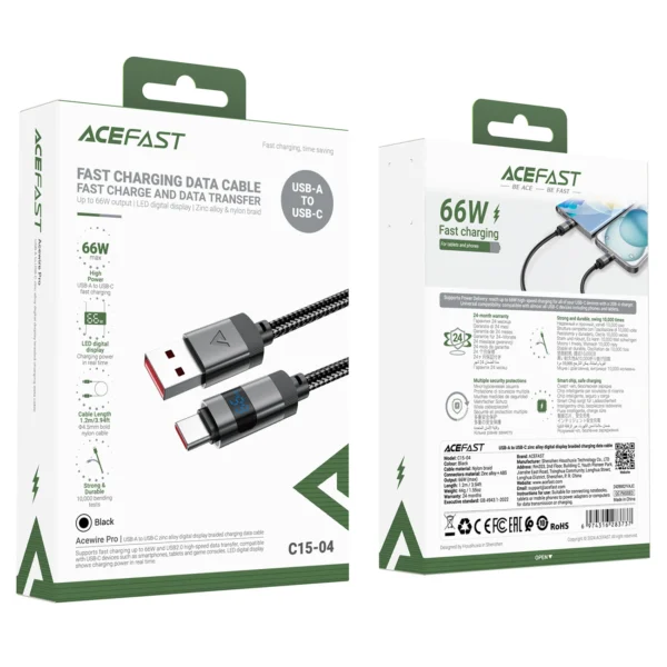 Acefast C15-04 USB-A - USB-C laidas su ekranu 480Mb/s 66W 1.2m - juodas - Image 5