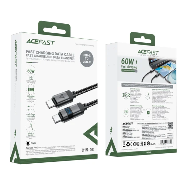 Acefast C15-03 USB-C - USB-C laidas su ekranu 480Mb/s 60W 1.2m - juodas - Image 5