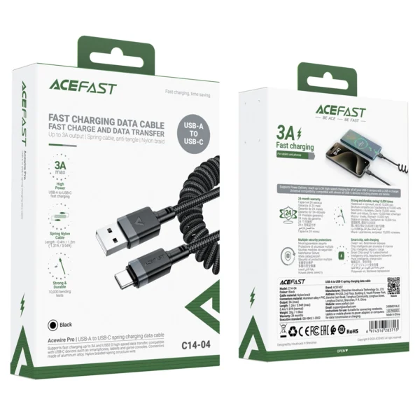 Acefast C14-04 USB-A - USB-C pavasarinis laidas 480Mb/s 3A 1.2m - juodas - Image 5