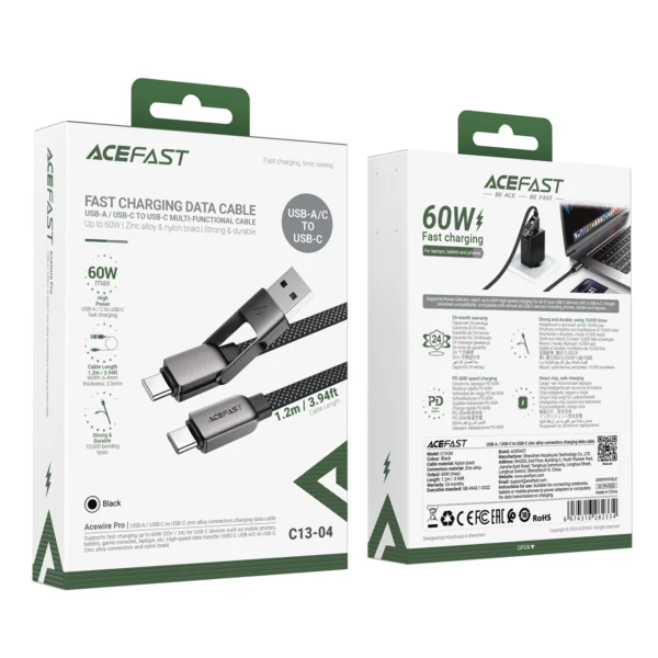 Acefast C13-04 USB-C - USB-A / USB-C laidas 480Mb/s 3A 1.2m - juodas - Image 7