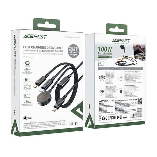 Acefast C6-11 USB-C 3in1 laidas - 2x USB-C / Qi 480Mb/s 100W 1.2m - juodas - Image 5