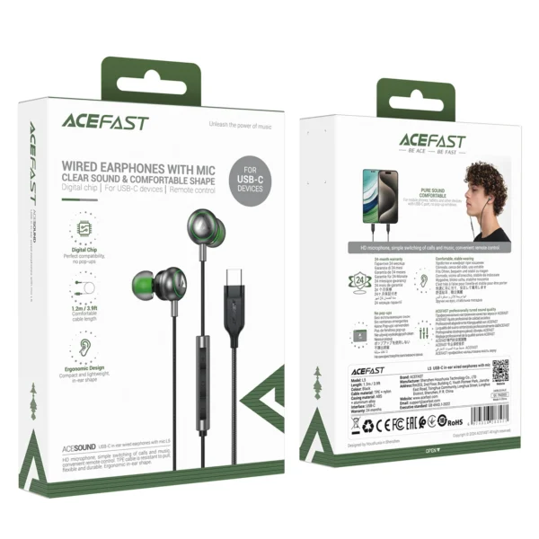 Acefast L5 laidinės ausinės į ausį USB-C 1.2m - juodos - Image 7