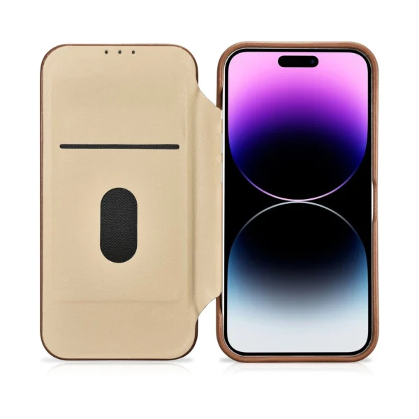 iCarer CE Premium odinis folio dėklas iPhone 14 Pro su magnetiniu atverčiamu dangteliu MagSafe - rudas - Image 18