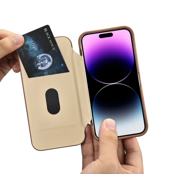 iCarer CE Premium odinis folio dėklas iPhone 14 Pro su magnetiniu atverčiamu dangteliu MagSafe - rudas - Image 19