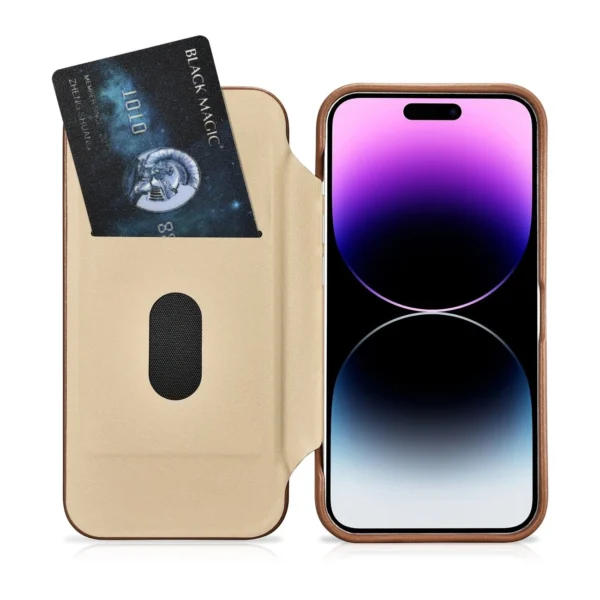 iCarer CE Premium odinis folio dėklas iPhone 14 Pro su magnetiniu atverčiamu dangteliu MagSafe - rudas - Image 20