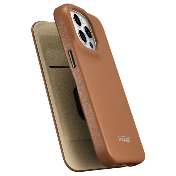 iCarer CE Premium odinis folio dėklas iPhone 14 Pro su magnetiniu atverčiamu dangteliu MagSafe - rudas - Image 9