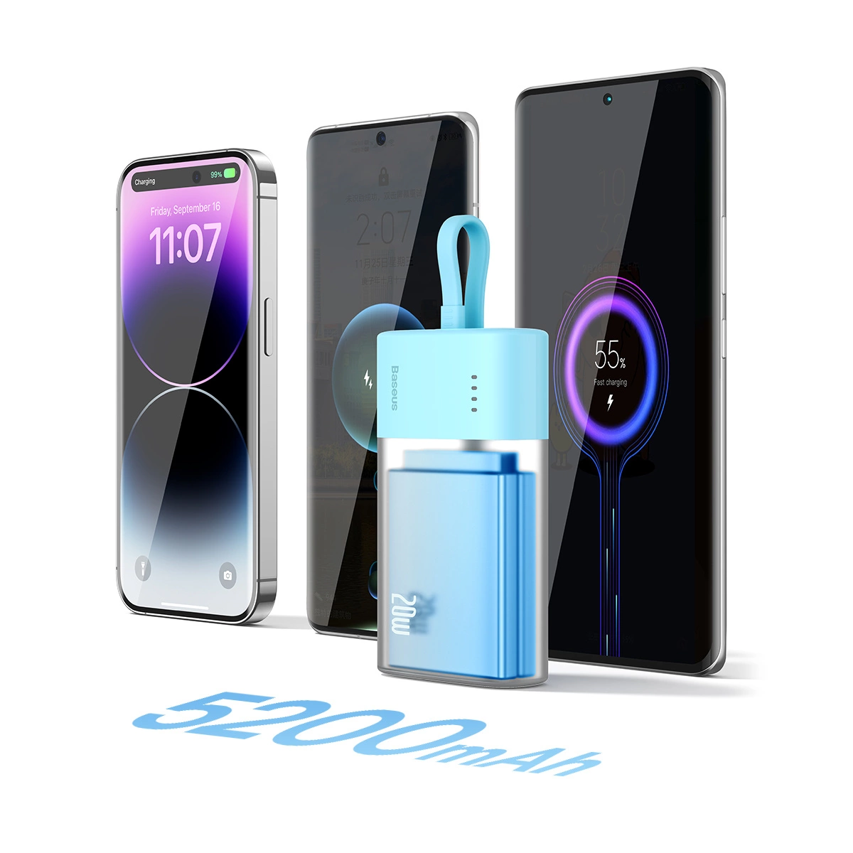 Baseus Popsicle 5200 mAh 20W išorinė baterija su integruotu Lightning kabeliu (+ baltas Baseus Simple USB-C - USB-C 60W/20V/3A/30 cm kabelis) - mėlyna-oranžinė - Image 10