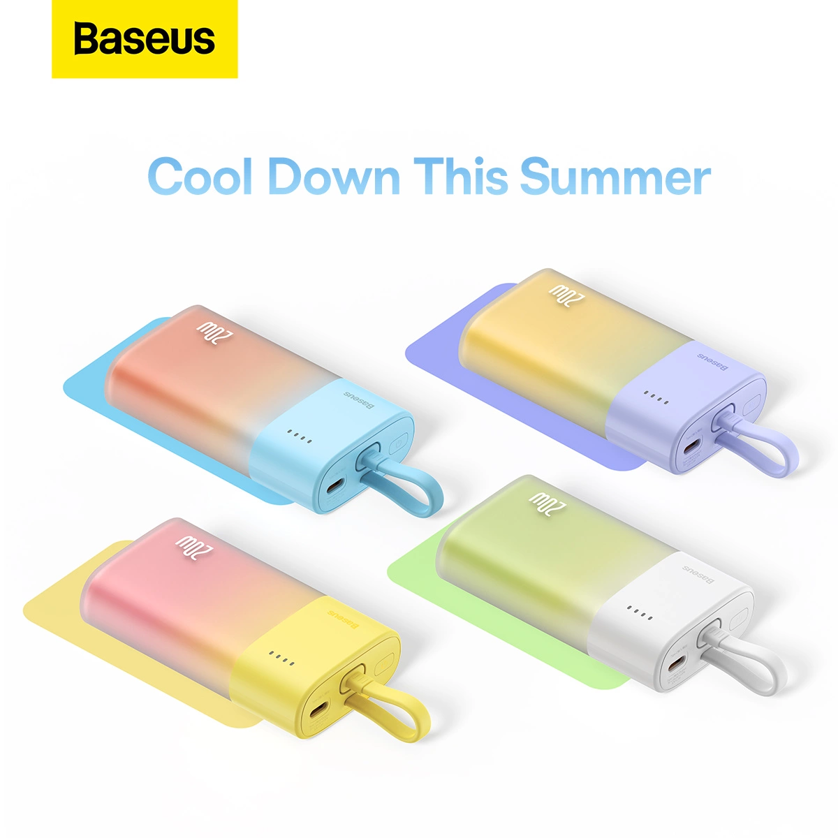 Baseus Popsicle 5200 mAh 20W išorinė baterija su integruotu Lightning kabeliu (+ baltas Baseus Simple USB-C - USB-C 60W/20V/3A/30 cm kabelis) - geltona-rožinė - Image 10