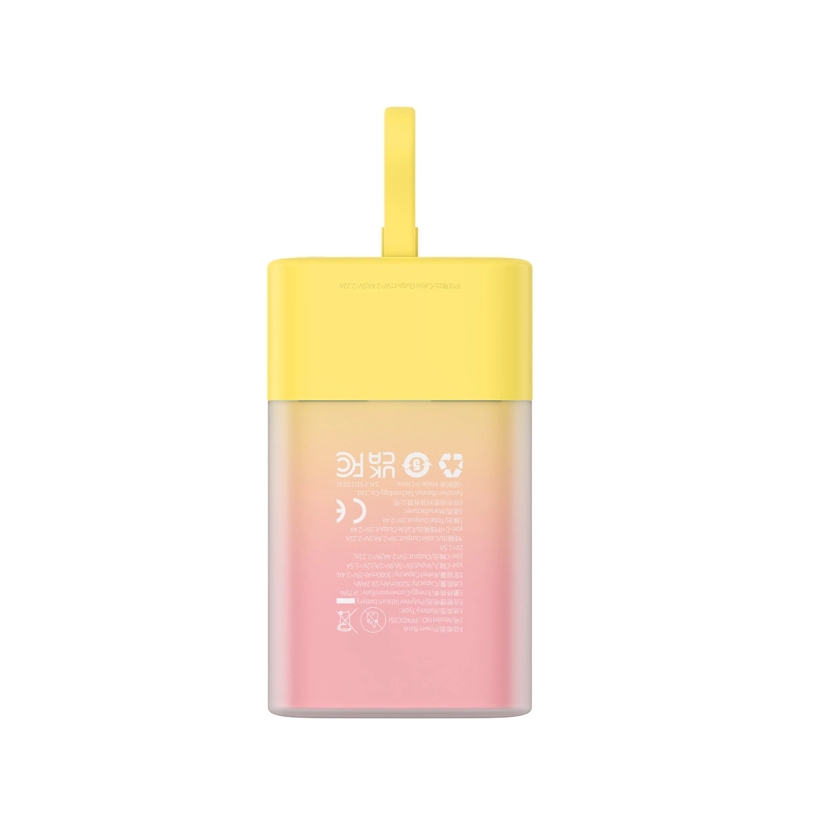 Baseus Popsicle 5200 mAh 20W išorinė baterija su integruotu Lightning kabeliu (+ baltas Baseus Simple USB-C - USB-C 60W/20V/3A/30 cm kabelis) - geltona-rožinė - Image 4