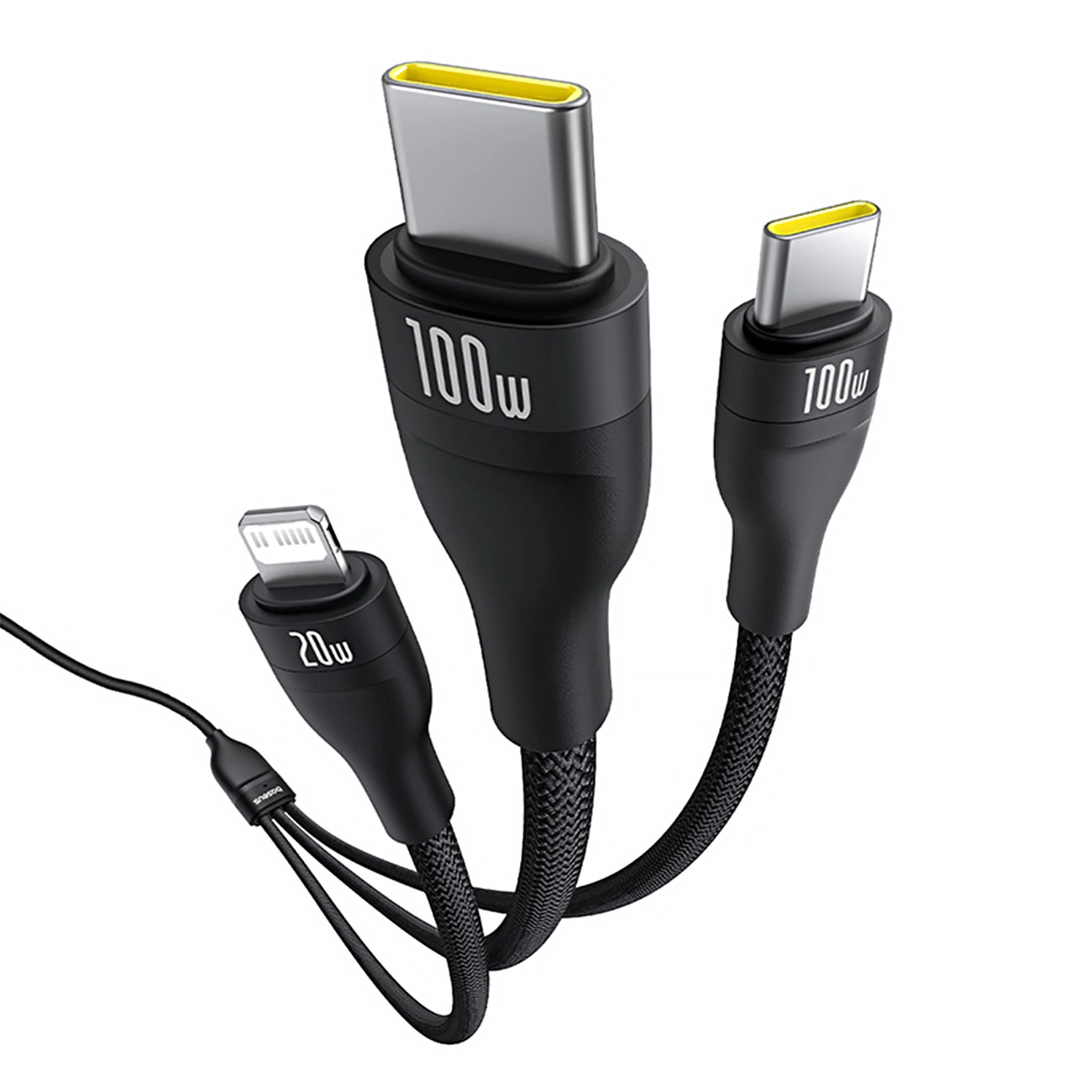 Baseus Flash Series 3 3in1 kabelis 100W USB-C - USB-C + USB-C + Lightning 1,5 m + 3 x 0,25 m - juodas - Image 5