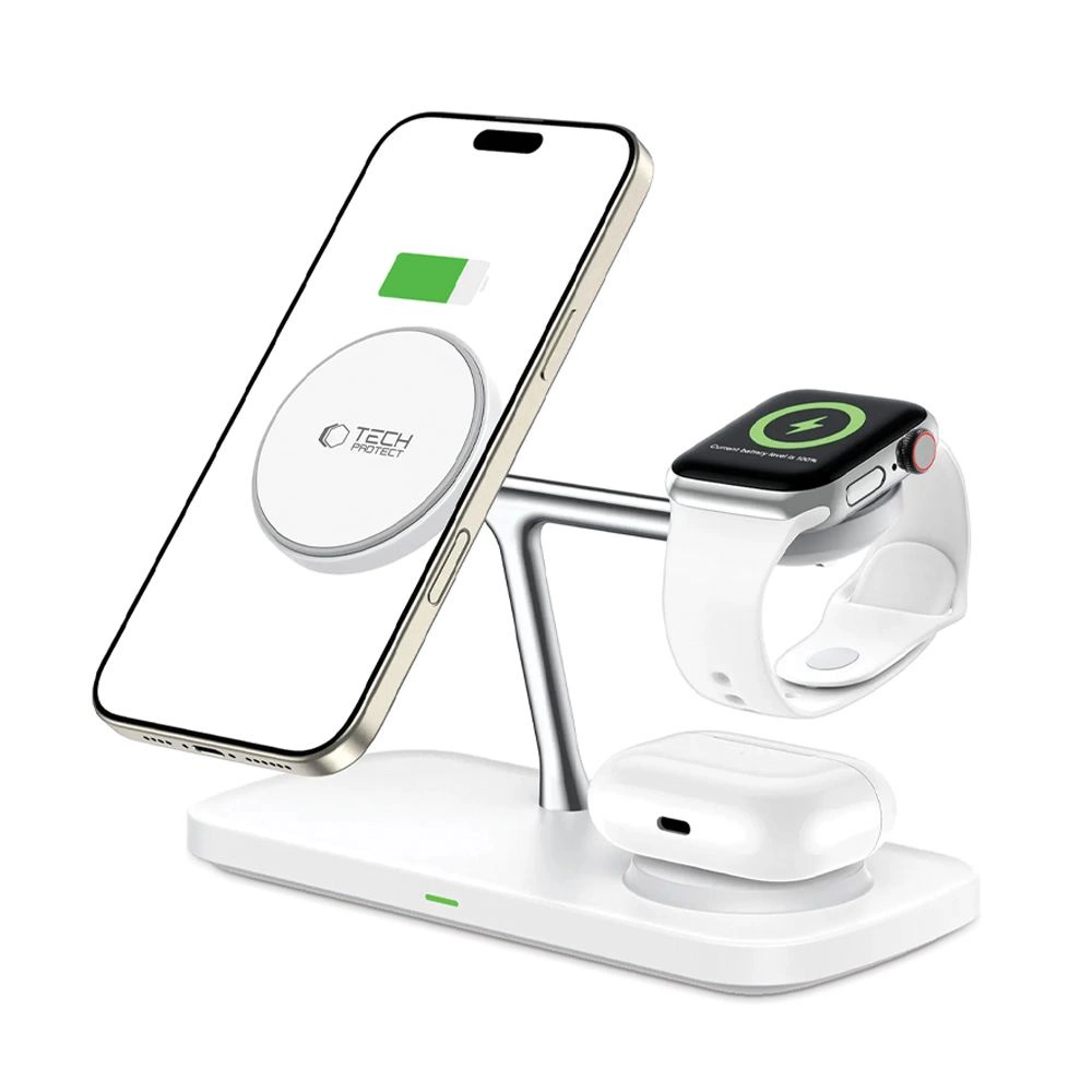 Tech-Protect QI15W-A45 3in1 belaidis įkroviklis su MagSafe Apple įrenginiams - baltas - Image 2