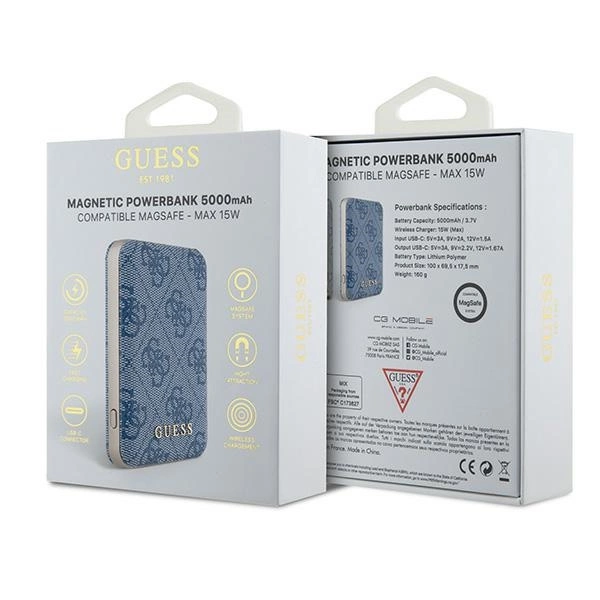 Guess belaidis išorinis akumuliatorius 15W GUPB5FP4EMGB 5000mAh mėlynas/mėlynas 4G odos metalinio logotipo MagSafe - Image 4
