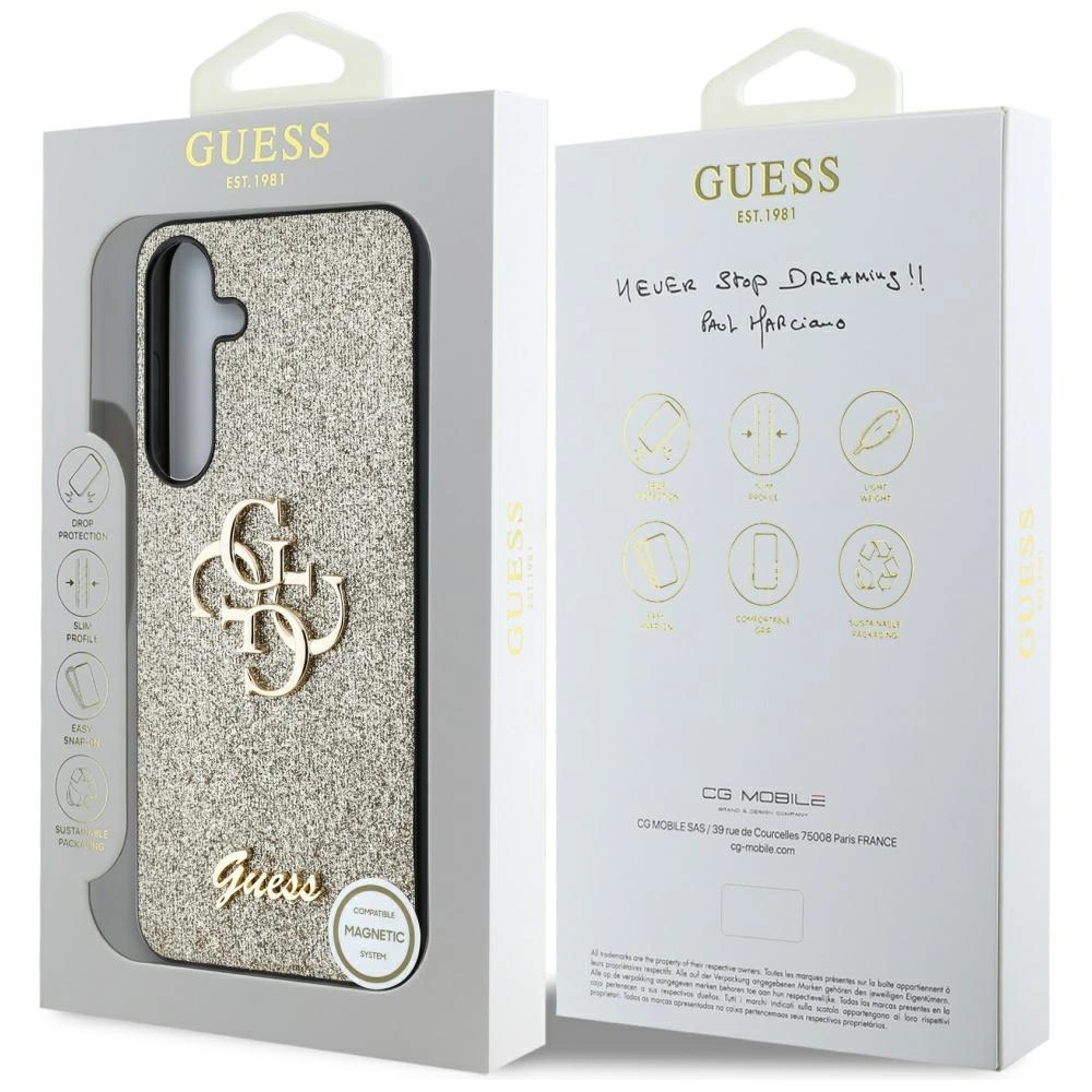 Guess Fixed Glitter didelis 4G metalinio logotipo dėklas Samsung Galaxy S25 Plus auksinis - Image 8