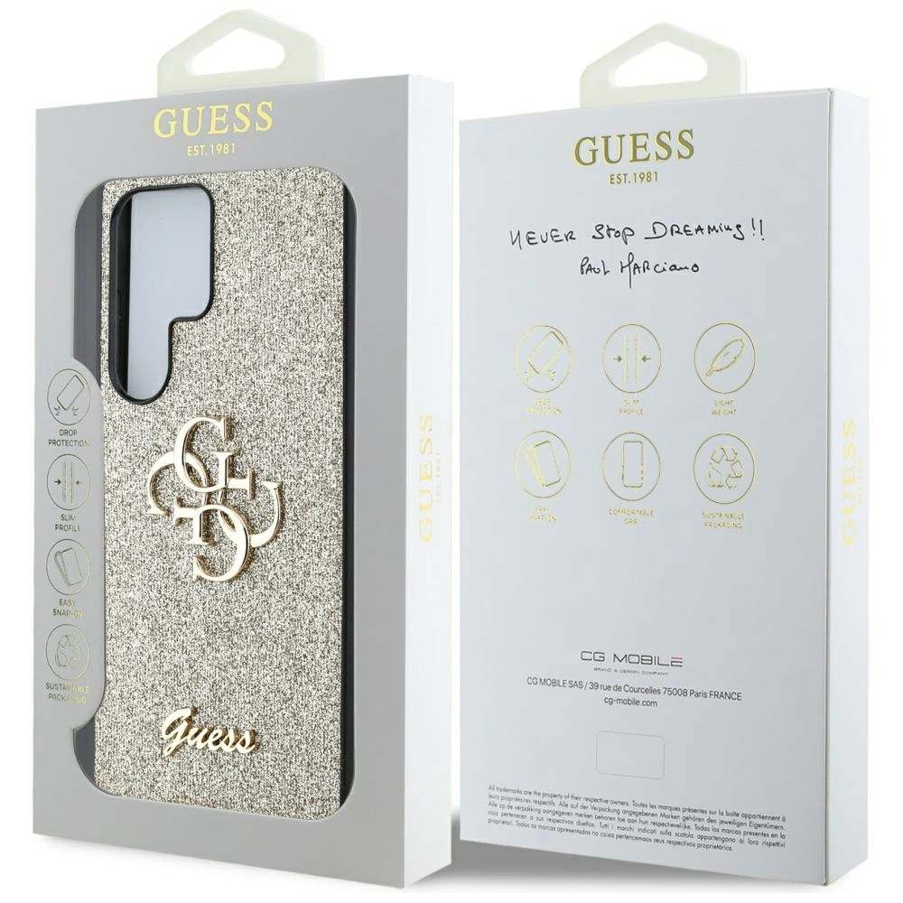 Guess Fixed Glitter didelis 4G metalinio logotipo dėklas Samsung Galaxy S25 Ultra auksinis - Image 8