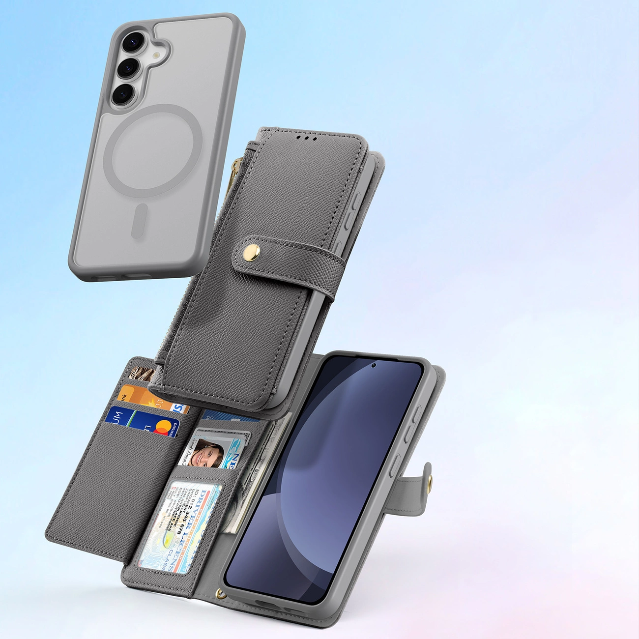 Dux Ducis Lawa Leather dėklas Samsung Galaxy S25+ su nuimama magnetine pinigine pilkas - Image 8