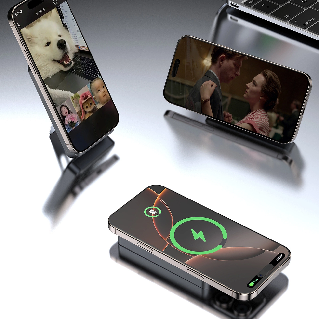 Dudao K29 10000mAh PD 20W MagSafe išorinė baterija su metaliniu dėklu, stovu ir integruotais USB-C / Lightning kabeliais pilkas - Image 6