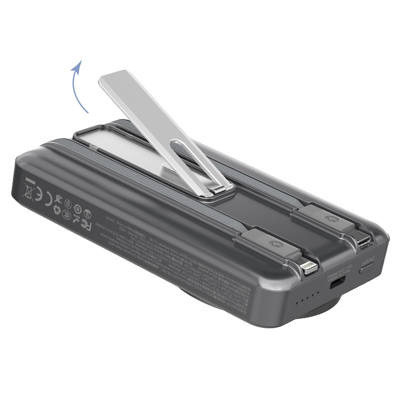 Dudao K29 10000mAh PD 20W MagSafe išorinė baterija su metaliniu dėklu, stovu ir integruotais USB-C / Lightning kabeliais pilkas - Image 7