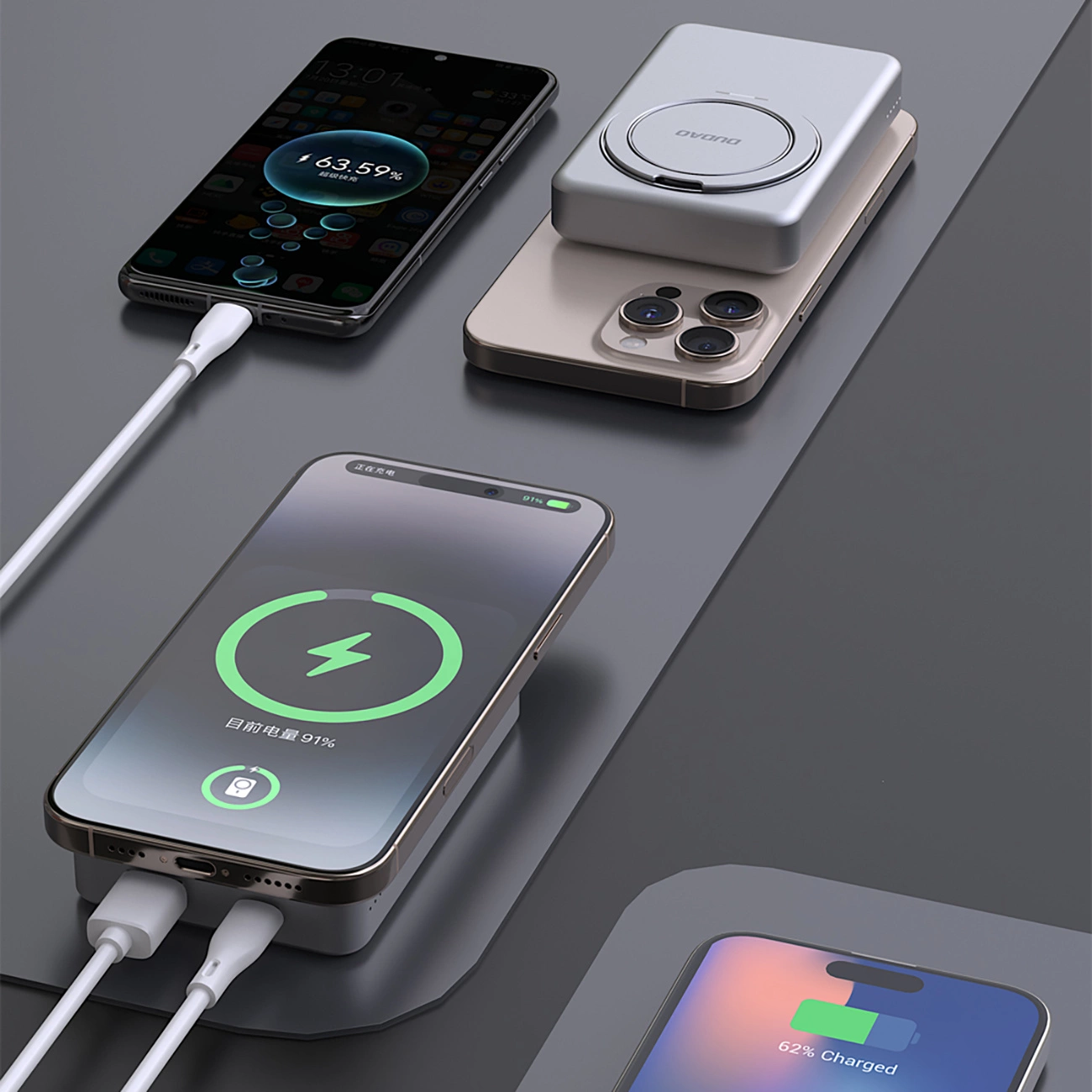 Dudao K28 10000mAh PD 22.5W MagSafe išorinė baterija su metaliniu dėklu ir žiediniu stovu sidabro - Image 10