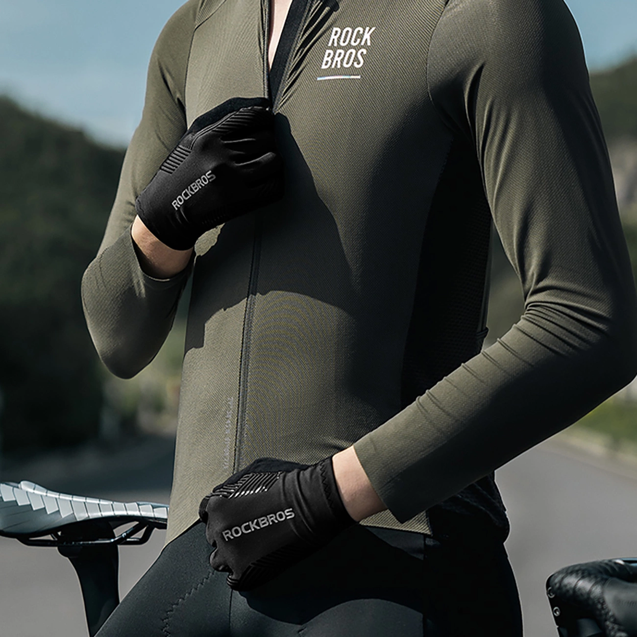 Rockbros dviračių pirštinės pavasariui/vasarai/rudeniui, pilnos, dydis S – juoda - Image 9
