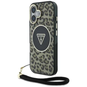 Guess HC IML Leopard Triangle Cord Strap MagSafe iPhone 16 Case - Brown