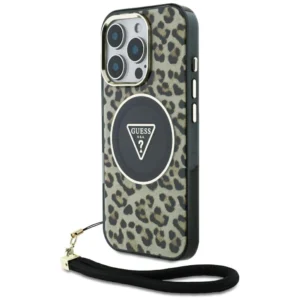 Guess HC IML Leopard Triangle Cord Strap MagSafe Case for iPhone 16 Pro - Brown