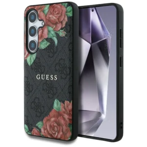 Guess Leather 4G Flowers Print Metal Classic Logo MagSafe Case for Samsung Galaxy S25 - Black