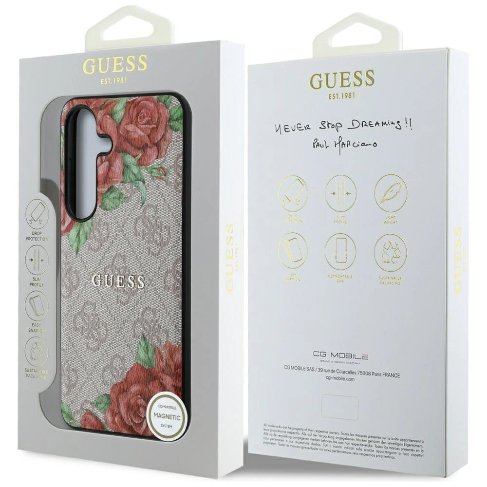 Guess odinis 4G gėlių raštas metalinis klasikinis logotipas MagSafe dėklas Samsung Galaxy S25 – rožinis - Image 8