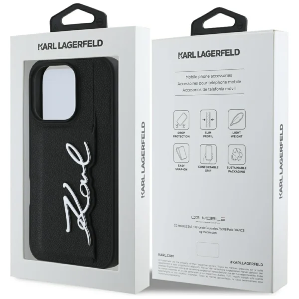 Karl Lagerfeld HC grūdėtas PU kortelių skyrius metalinis parašo logotipas iPhone 16 Pro dėklas – juodas - Image 8