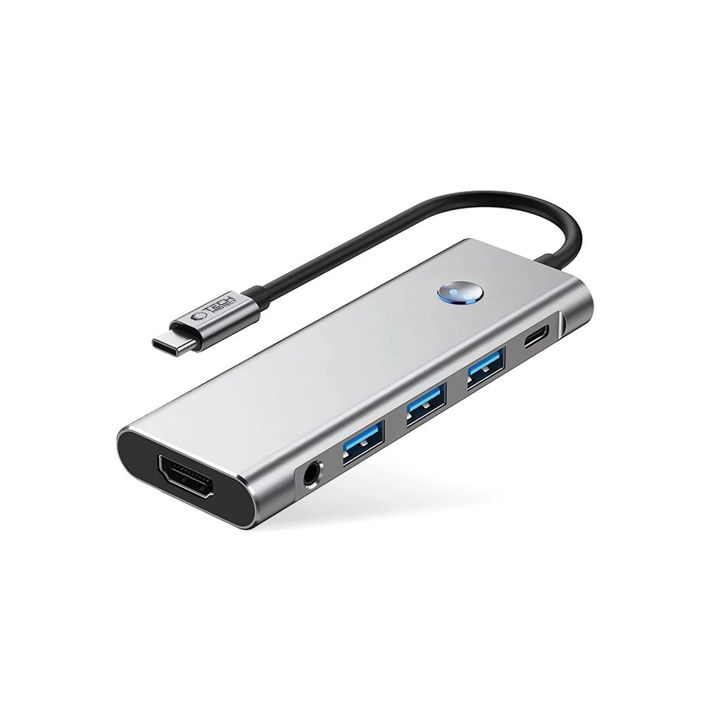 Tech-Protect HB04 HUB adapteris 9in1 USB-C + USB2.0 + USB3.0 + HDMI 4K 60Hz + SD / TF + PD100W + AV3.5 – pilkas - Image 2