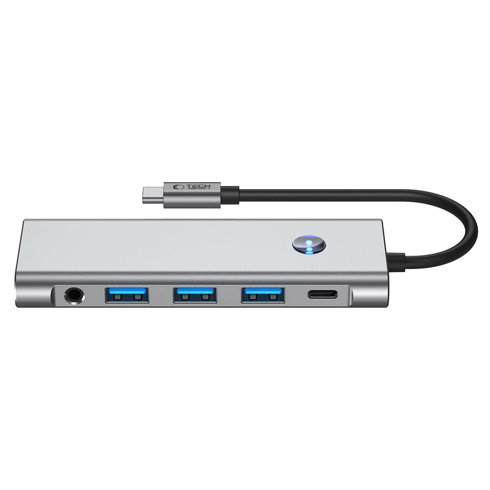 Tech-Protect HB04 HUB adapteris 9in1 USB-C + USB2.0 + USB3.0 + HDMI 4K 60Hz + SD / TF + PD100W + AV3.5 – pilkas - Image 4