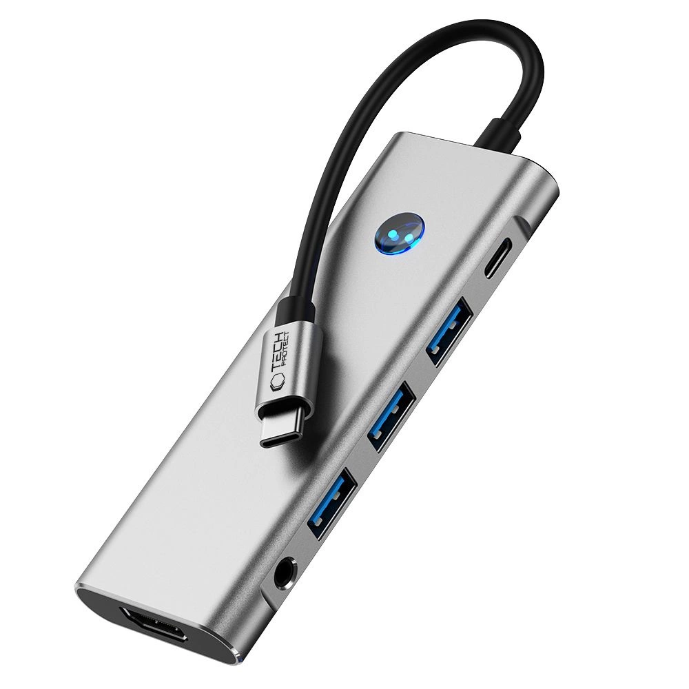 Tech-Protect HB04 HUB adapteris 9in1 USB-C + USB2.0 + USB3.0 + HDMI 4K 60Hz + SD / TF + PD100W + AV3.5 – pilkas - Image 5