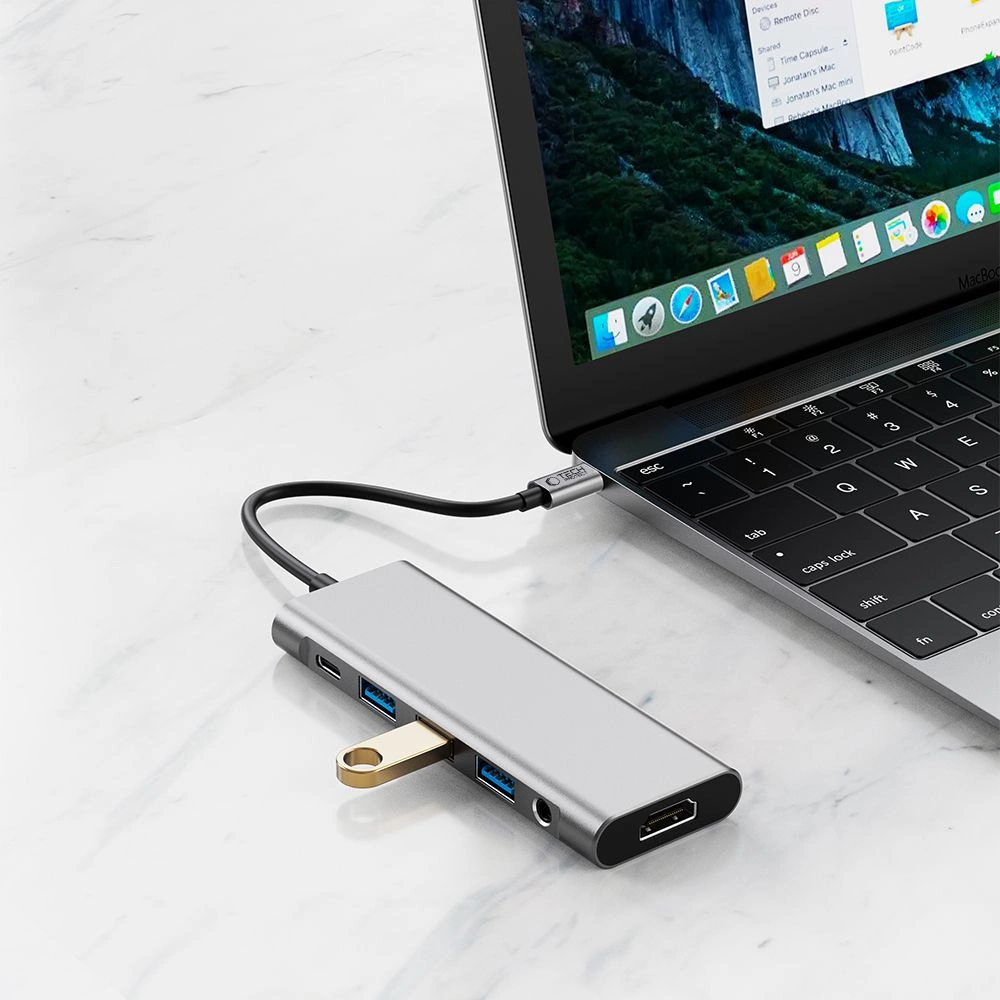 Tech-Protect HB04 HUB adapteris 9in1 USB-C + USB2.0 + USB3.0 + HDMI 4K 60Hz + SD / TF + PD100W + AV3.5 – pilkas - Image 7