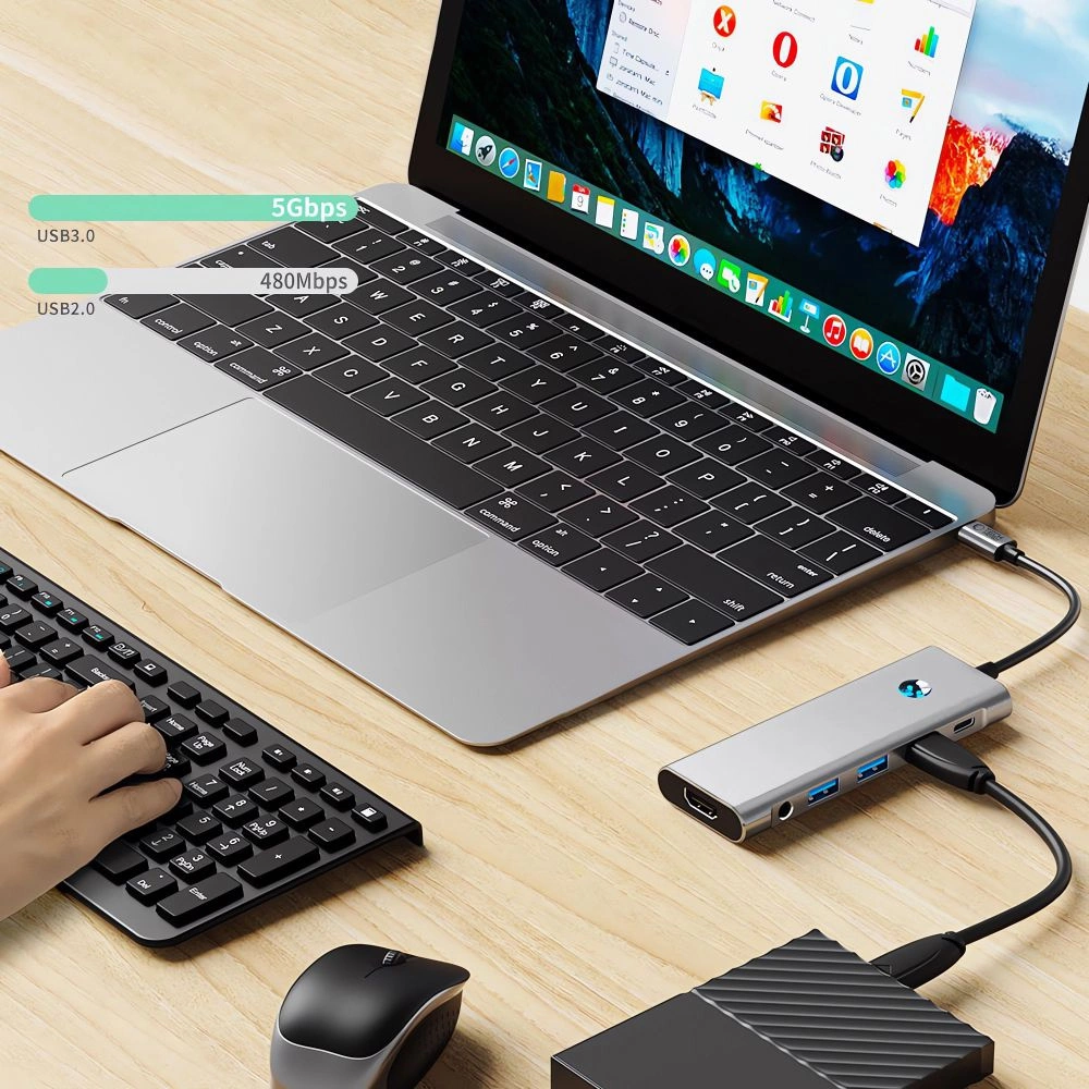 Tech-Protect HB04 HUB adapteris 9in1 USB-C + USB2.0 + USB3.0 + HDMI 4K 60Hz + SD / TF + PD100W + AV3.5 – pilkas - Image 8
