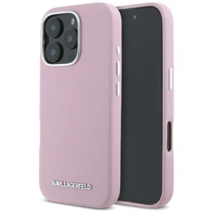 Karl Lagerfeld Saffiano Full Wrapped Elongated Metal Logo MagSafe iPhone 16 Pro Case - Pink