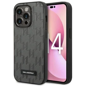 Karl Lagerfeld Saffiano Mono Metal Logo iPhone 14 Pro Max 6.7" Case - Gray